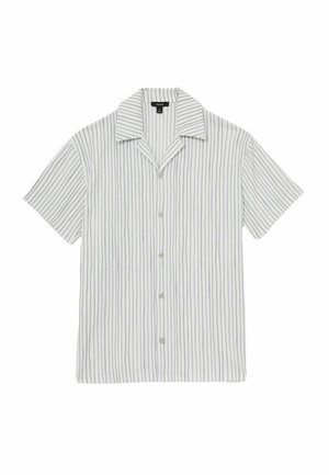 Short-sleeve button-up shirt in white and light blue vertical stripes, featuring a camp collar and a relaxed fit.