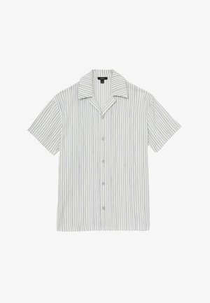 Kortärmad knapp-up skjorta i vitt och ljusblå vertikala ränder, med en camp krage och en avslappnad passform.