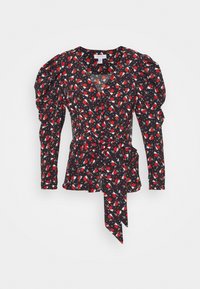 Blouse portefeuille noire à motif floral avec manches bouffantes. Présente des motifs de fleurs rouges et blanches, un décolleté en V profond et une ceinture à nouer à la taille.