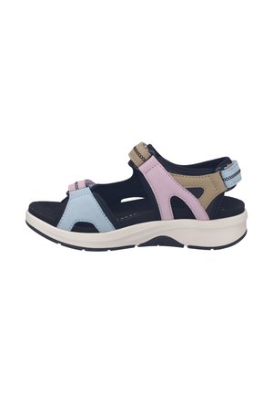 Open-toe sports sandal with adjustable straps in pastel blue, pink, and beige on a thick white sole, side view.