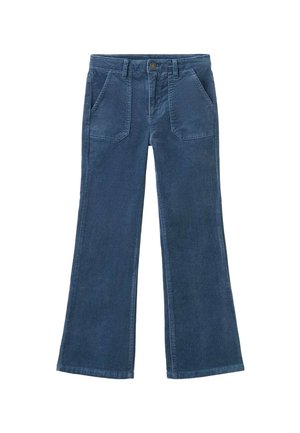 Pantalons en velours côtelé bleu, avec une taille à bouton, deux poches avant et une finition douce et texturée. Coupe droite des hanches à l'ourlet.