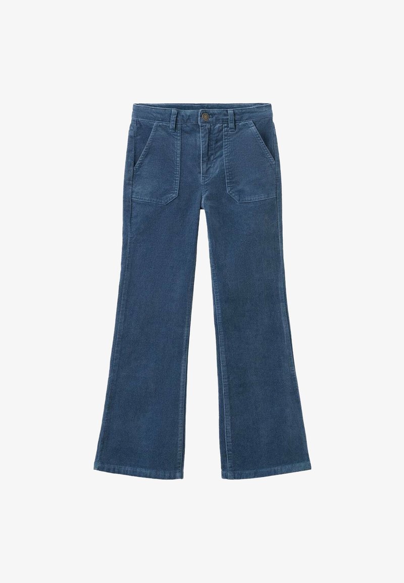 Modre kordne hlače s flares krojem, z gumbom za zapiranje v pasu, dvema sprednjima žepoma in mehko, teksturirano površino. Ravn medeni od bokov do roba.