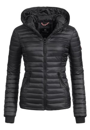 Veste noire rembourrée avec fermeture éclair et capuche. Équipée de deux poches latérales et de poignets côtelés, fabriquée dans un matériau lisse et léger.