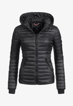 Black padded jacket with a zip closure and hood. Features two side pockets and ribbed cuffs, made from a smooth, lightweight material.