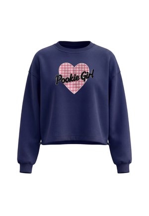Mørkeblå sweatshirt med lange ærmer, med et pink og hvidt ternet hjerte og "Pookie Girl" tekst i sort foran.