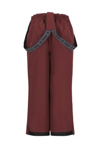 Pantaloni da neve bordeaux con vita elasticizzata e bretelle nere rimovibili con stampa, progettati per il freddo e l'uso all'aperto.