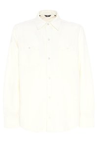 Camicia a maniche lunghe color crema con colletto, due tasche sul petto, apertura frontale con bottoni e orlo stondato. Realizzata in un materiale leggero con una texture liscia.