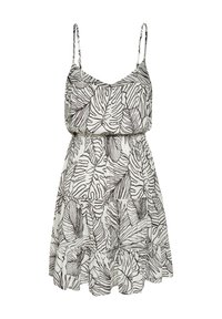 Abito a fiori in bianco e nero con spalline sottili, vita cintrata e orlo a balze a strati. Il tessuto sembra leggero e texture.