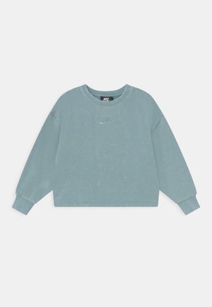 Lyseblå Nike sweatshirt med lange ærmer, rund halsudskæring og broderet Nike-logo centreret på brystet.