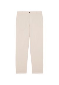 Beige lige bukser med knap- og lynlåslukning, bæltestropper og sidelommer, vist fladt på hvid baggrund.