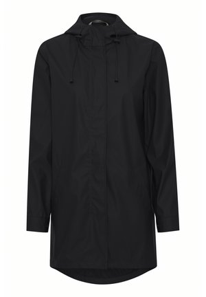 Giacca nera impermeabile con cappuccio, zip frontale, due tasche laterali e orlo posteriore leggermente più lungo. Tessuto morbido e materiale leggero.