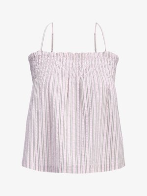 Top roz pal fără mâneci, cu dungi verticale subțiri gri și smoc elastic adunat pe piept, cu bretele spaghetti reglabile.