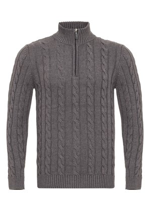 Grauer Strickpullover mit einem halben Reißverschlusskragen, der über ein Cable Knit-Muster, gerippte Manschetten und Saum verfügt. Weiche Textur und lässiges Design.