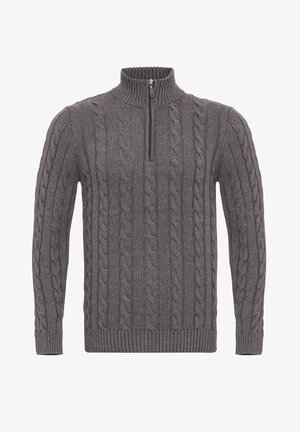 Pull gris en tricot avec un col zippé à mi-hauteur, présentant un motif de tricot en câble, des manches à bords côtelés et un ourlet côtelé. Texture douce et design décontracté.