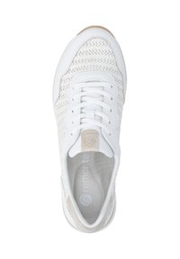 White athletic shoe with a textured knit upper and contrasting beige accents. Features round laces and a cushioned insole for comfort.