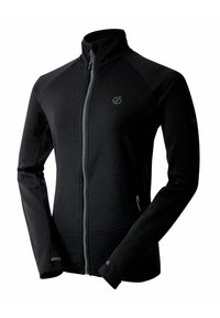 Schwarze Zip-Jacke mit hohem Kragen, strukturiertem Stoff, schmaler Passform und Logo auf der Brust. Verfügt über seitliche Taschen und einen kontrastierenden Reißverschluss.