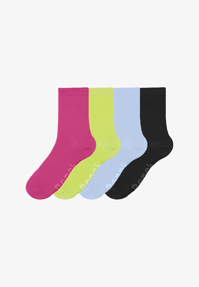 Vier Paare kniehoher Socken in Pink, Neon-Grün, Hellblau und Schwarz. Jede Socke besitzt eine glatte Textur und ein Logo am Knöchel.