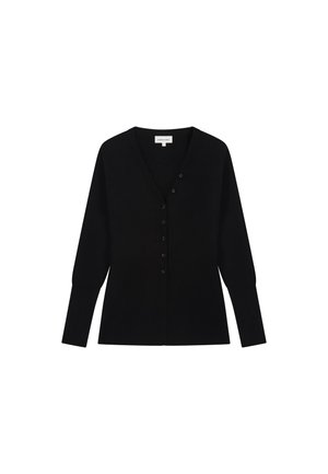 Zwarte gebreide cardigan met een V-hals, lange mouwen en een knoopsluiting aan de voorkant. Heeft vijf knopen met bloemmotieven.