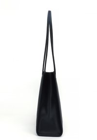 Black leather tote bag with two long handles, triangular shape, smooth texture, and no visible hardware or patterns.