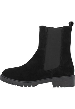 Bottines noires en daim avec panneaux élastiques sur les côtés, une languette de tirage et une semelle en caoutchouc épaisse avec un motif de bande de roulement texturé.