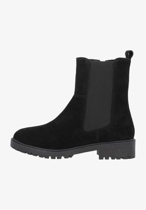 Schwarze Wildleder-Stiefelette mit elastischen Seiteneinsätzen, einer Zuglasche und einer robusten Gummisohle mit strukturiertem Profil.