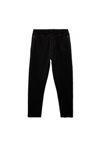 Sorte sweatpants lavet af blødt stof, med elastisk talje, snoretræk og to sidelommer med lynlåslukninger.