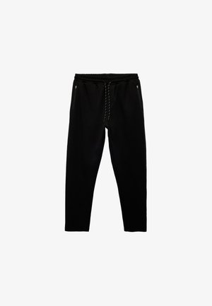 Schwarze Jogginghosen aus weichem Stoff, mit elastischem Bund, Kordelzug und zwei seitlichen Taschen mit Reißverschluss.