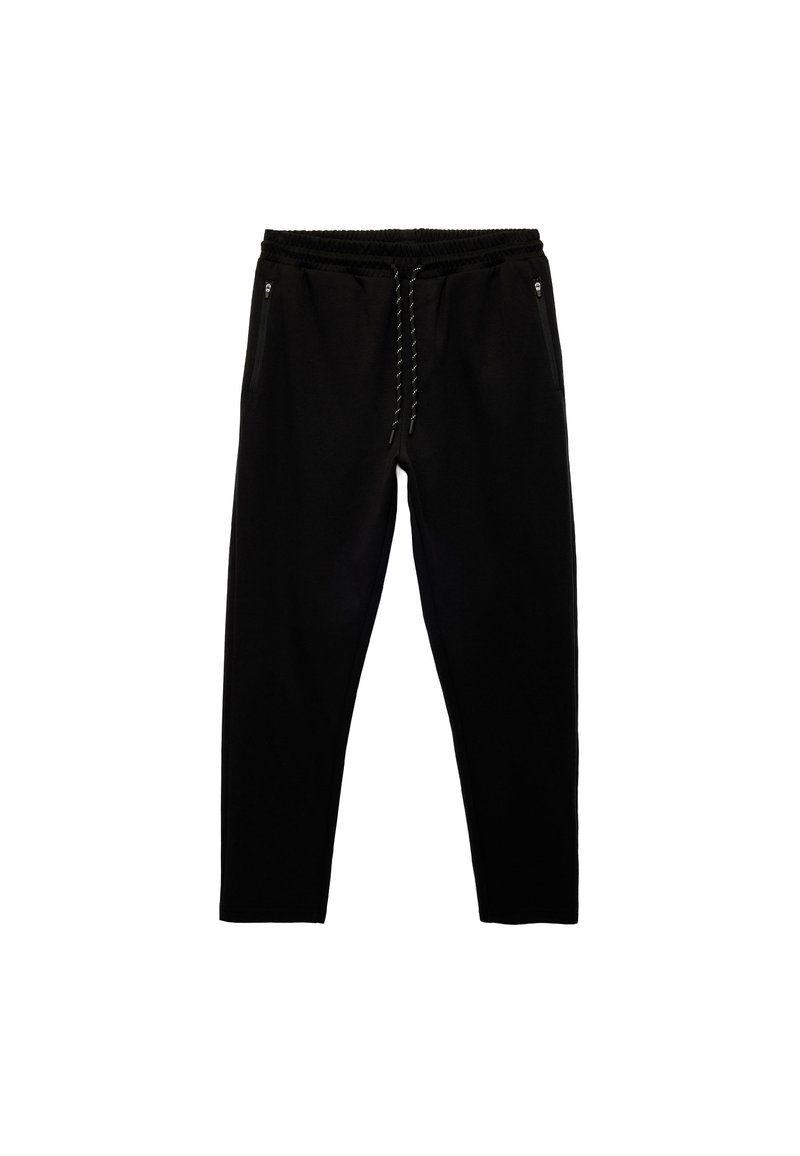 Sorte sweatpants lavet af blødt stof, med elastisk talje, snoretræk og to sidelommer med lynlåslukninger.