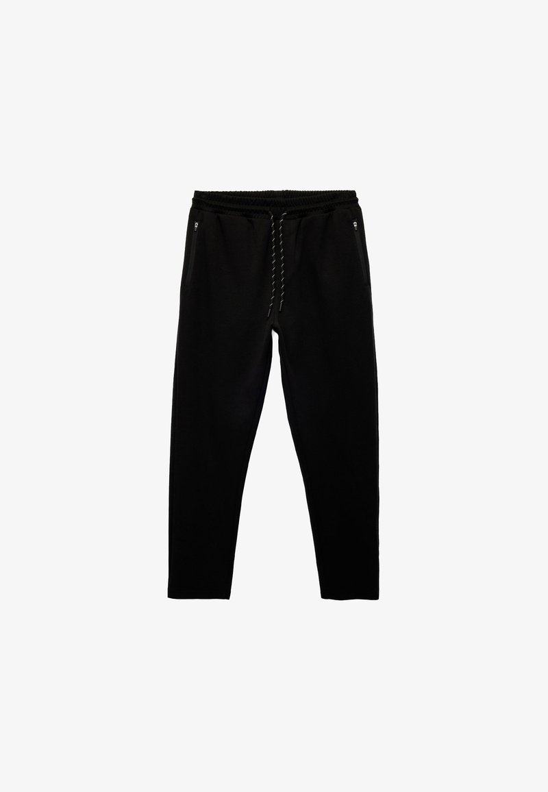 Zwarte sweatpants gemaakt van zachte stof, met een elastische tailleband, trekkoord en twee zijzakken met ritssluitingen.