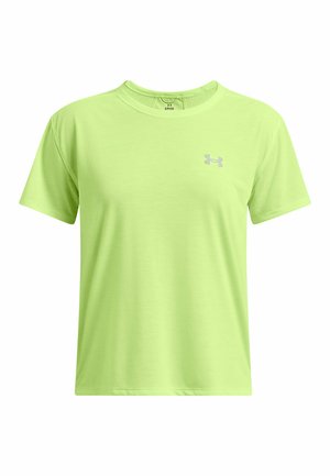 Limetková zelená krátkorpá t-shirt vyrobená z mäkkej látky, s okrúhlym výstrihom a malým, reflexným logom na ľavej hornej strane hrude.