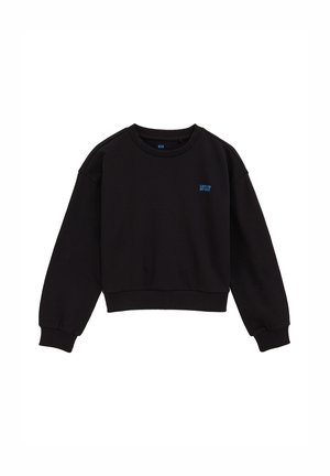 Sweat à capuche noir en mélange de coton, avec des poignets et un ourlet côtelés. Texte bleu distinct sur la poitrine. Design simple à col rond.