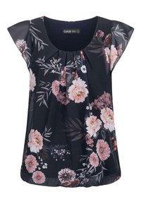 Blouse florale en bleu marine foncé avec des manches courtes à volants, ornée de fleurs roses et blanches. Détail plissé à l'avant avec un col rond.