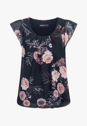 Blumenbluse in Dunkelmarine mit kurzen Flatterärmeln, verziert mit rosa und weißen Blumen. Faltendes Detail an der Vorderseite mit rundem Ausschnitt.