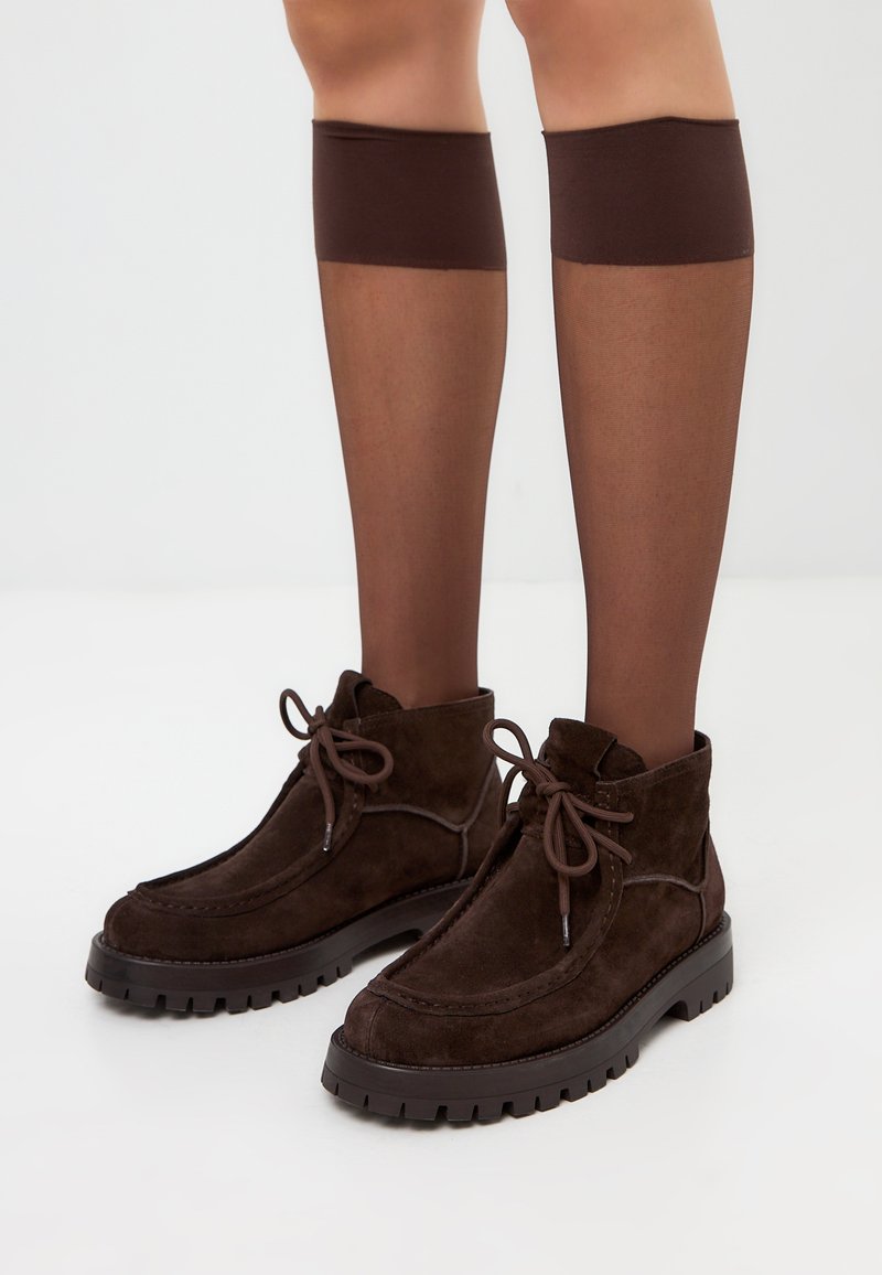 Stivaletti in suede marrone con lacci, caratterizzati da una suola robusta e dettagli di cucitura. Le gambe sono adornate con calze al ginocchio trasparenti marroni.