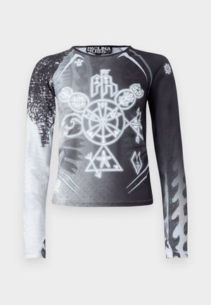 Hosszú ujjú felső fekete és fehér gradienttel, grafikus szimbólumokkal szürke árnyalatokban. Simogatós, könnyű anyagból készült.