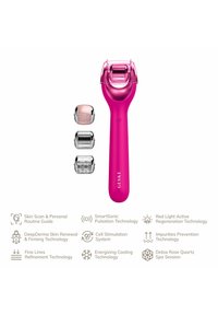 Rouleau de visage rose avec une poignée courbée et des têtes de rouleau métalliques interchangeables. Comprend des icônes de technologie de soins de la peau en dessous.