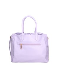 Borsa a tracolla in pelle sintetica lilla con un lato testurizzato, doppi manici, parte superiore arricciata e tasca frontale con zip dorata.