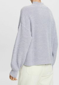 Lichtgrijze gebreide trui met een hoge hals, verlaagde schouders en geribbelde manchetten, met een ontspannen pasvorm en een eenvoudig, gestructureerd patroon.