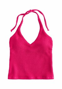 Roza pletena halter majica s V-izrezom, podesivim vezicama na vratu i teksturiranim uzorkom po cijelom materijalu.