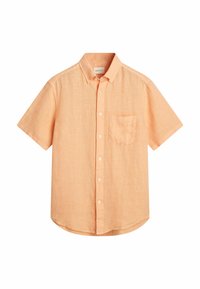 Kurzärmliges Button-Down-Hemd aus leichtem orangefarbenem Leinen, mit einer Brusttasche, spitzem Kragen und abgerundetem Saum.