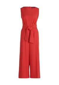 Tutina rossa senza maniche con vita cintata, design a gamba ampia, texture liscia e scollatura arrotondata. Presenta una chiusura con zip sul retro.