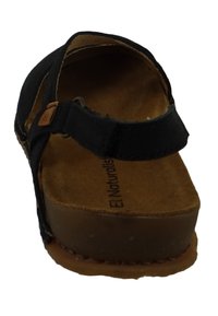 Černé sandály s plochou podrážkou, látkovými popruhy a hnědým polstrovaným stélkou. Obsahují přezku pro nastavení a texturovaný povrch.