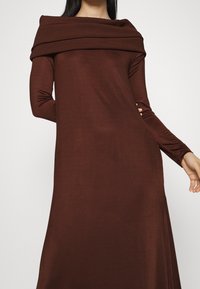 Brun långärmad klänning med en bred, rullad halsringning. Tyget verkar slätt och elastiskt, med en enkel, flödande silhuett och åtsittande ärmar.