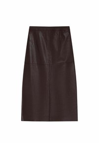 Jupe midi en cuir marron avec une texture lisse, dotée de deux poches avant et d'un design superposé au niveau de l'ourlet. Coupe élégante et contemporaine.