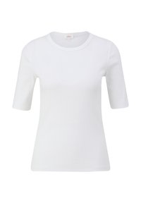 Weißes T-Shirt mit kurzen Ärmeln aus Rippstoff, mit rundem Ausschnitt und figurnaher Passform. Keine sichtbaren Muster oder Akzente.