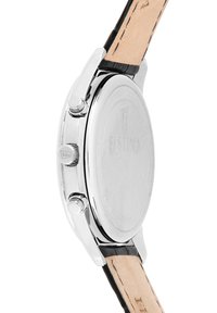 Reloj de acero inoxidable con una caja redonda y suave, correa de cuero negro y tres botones de cronógrafo en el lateral. Parte trasera grabada.