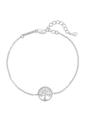 Silbernes Kettenarmband mit rundem Baum-des-Lebens-Anhänger und verstellbarem Verschluss mit kleinem Anhänger, auf dem "Glück" eingraviert ist.