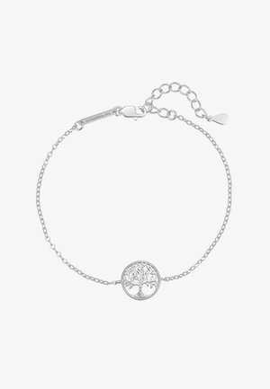 Silbernes Kettenarmband mit rundem Baum-des-Lebens-Anhänger und verstellbarem Verschluss mit kleinem Anhänger, auf dem "Glück" eingraviert ist.