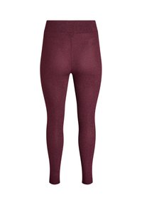 Leggings bordeaux realizzati in un tessuto testurizzato e elastico. Presentano una vita alta e una silhouette aderente. Nessun motivo o dettaglio visibile.