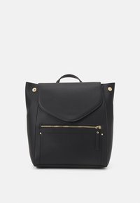 Black backpack made of faux leather, features a flap closure, front zip pocket, and gold-tone hardware accents. Smooth texture, structured shape.
